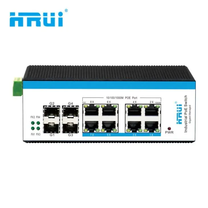 HRUI 12 Ports Fiber Optic Managed Industrial PoE Switch