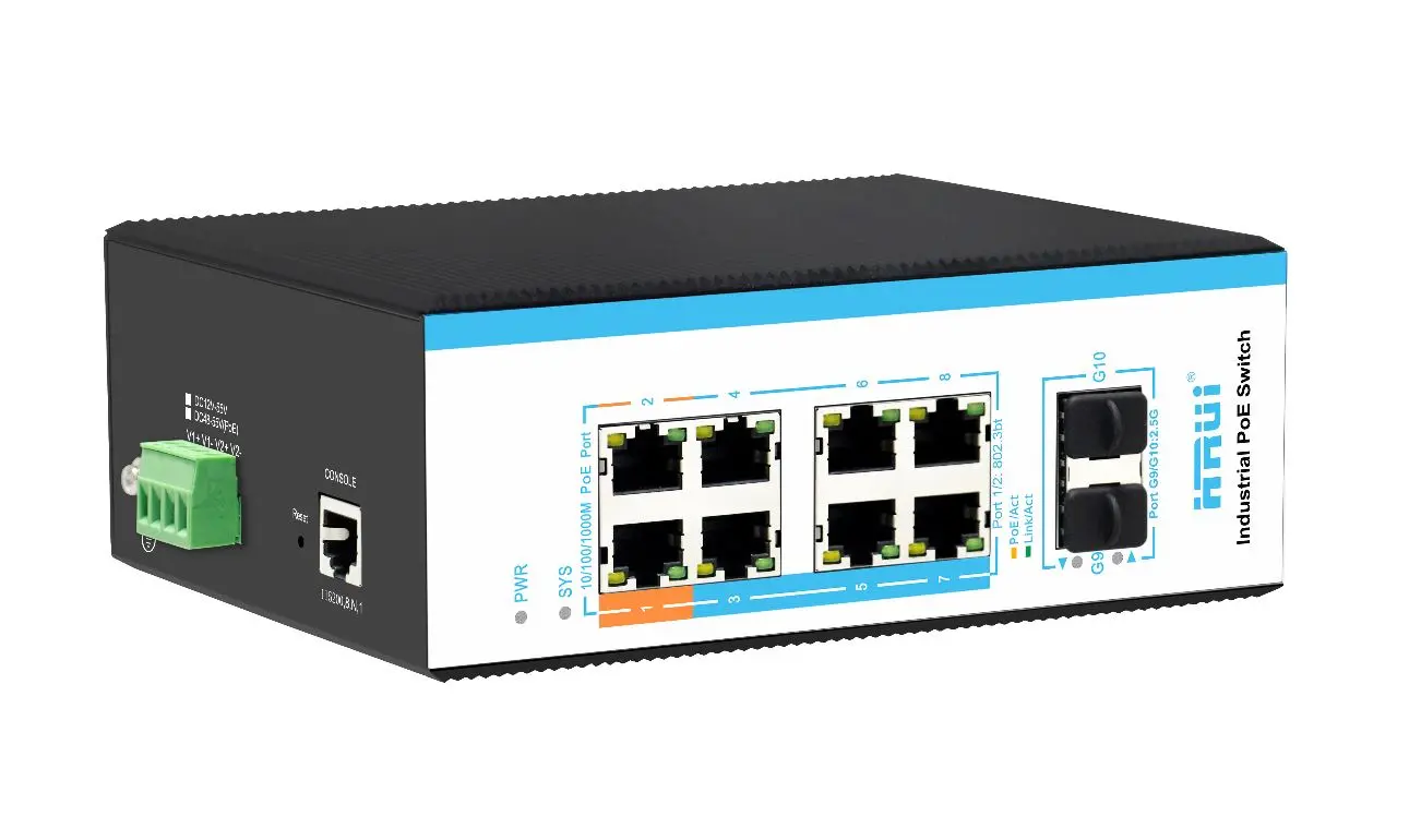 HRUI 10 Port Industrial 90W Bt Standard POE Switch 2.5G Fiber Uplink
